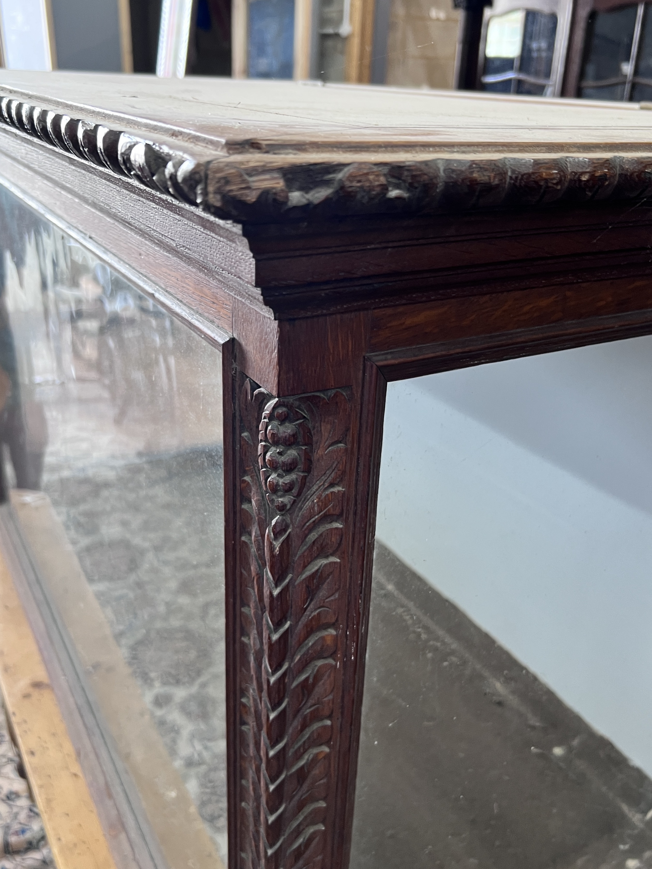 A Victorian carved oak display case with hinged top, width 122cm, depth 66cm, height 78cm